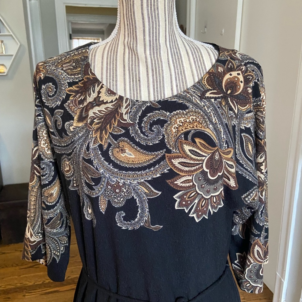 Sandra Darren Black and Brown Paisley 3/4 Sleeve Dress - Picture 2 of 8